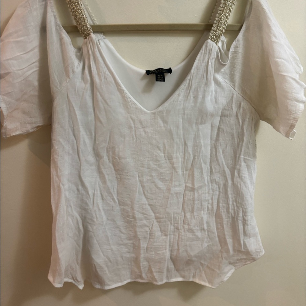 INC International Concepts Cream Blouse with Embellished Straps